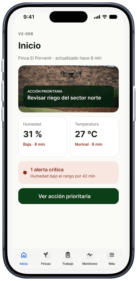 Inicio de AgroTech con prioridades de la finca y navegación real